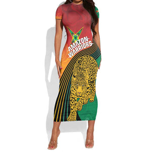Personalized Afro Guyana Cricket Amazon Warriors Short Sleeve Bodycon Dress Fierce Jaguars - African Pride
