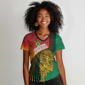 Personalized Afro Guyana Cricket Amazon Warriors Women V-Neck T-Shirt Fierce Jaguars - African Pride