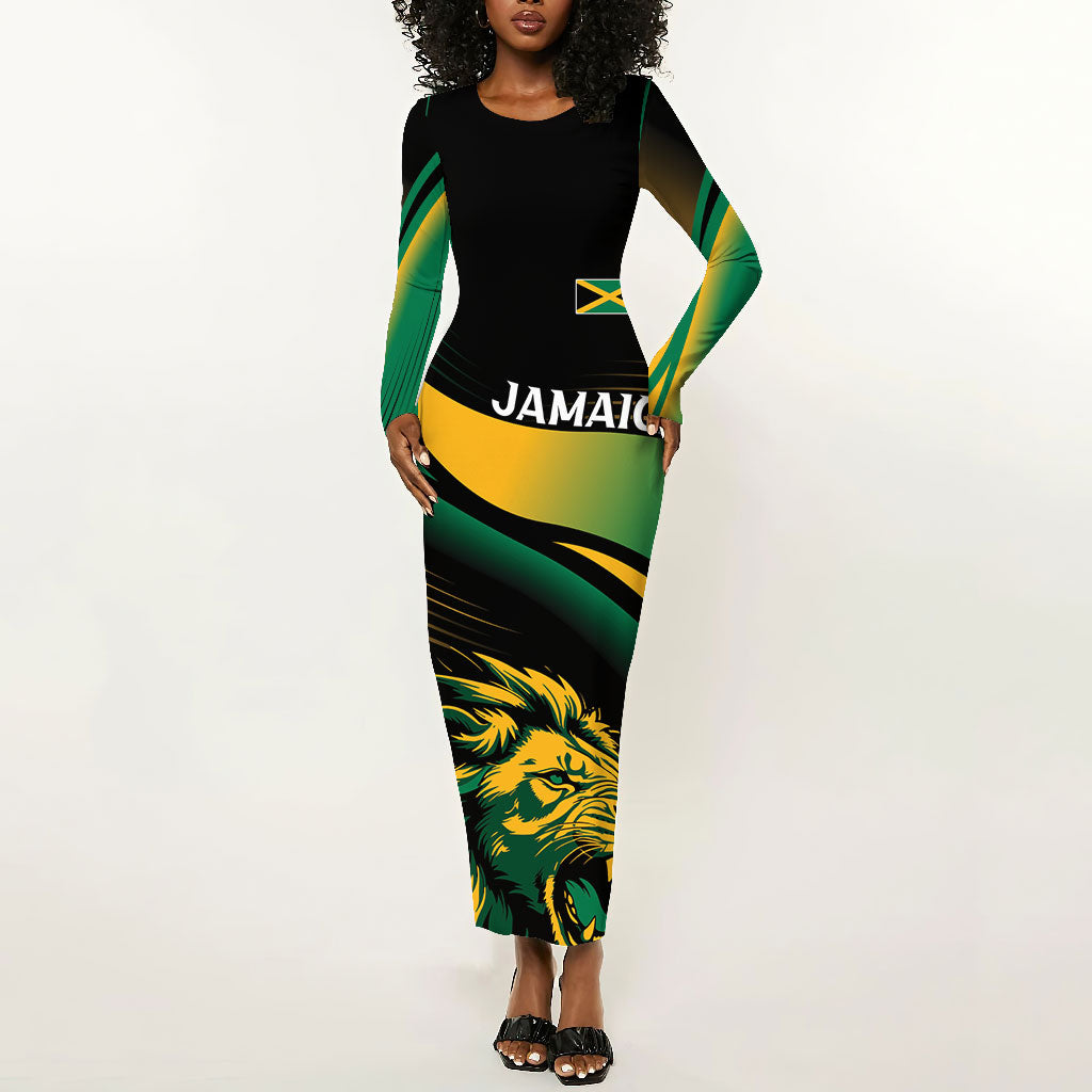 Afro-Jamaica Heritage Custom Long Sleeve Bodycon Dress Roaring Lion