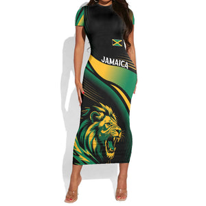 Afro-Jamaica Heritage Custom Short Sleeve Bodycon Dress Roaring Lion