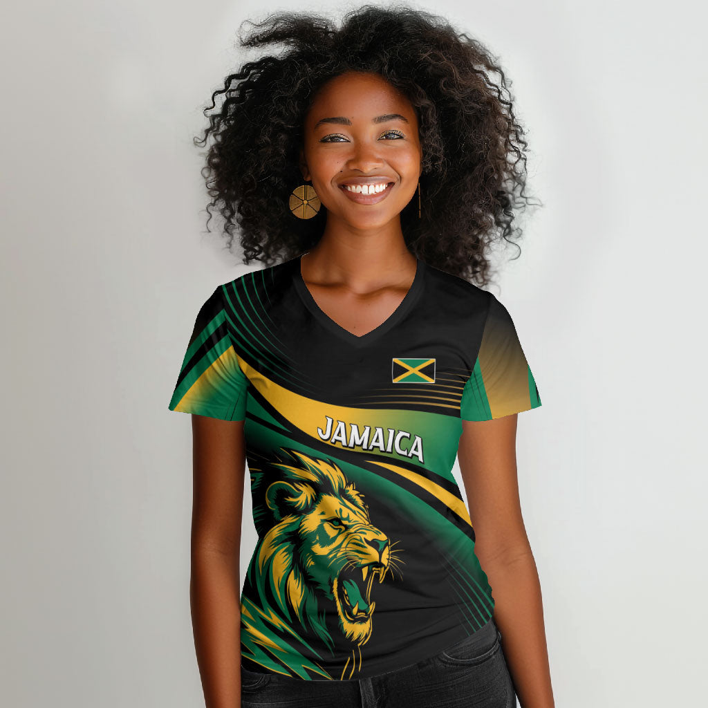 Afro-Jamaica Heritage Custom Women V-Neck T-Shirt Roaring Lion