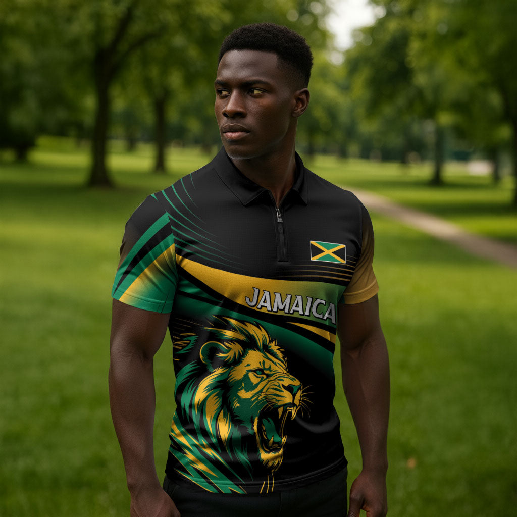 Afro-Jamaica Heritage Custom Zipper Polo Shirt Roaring Lion