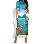 Afro-Saint Lucians Short Sleeve Bodycon Dress Pitons Landscape LT7