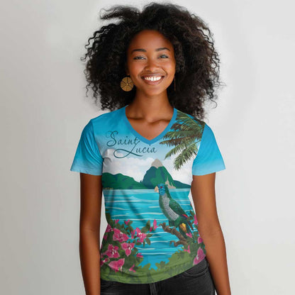 Afro-Saint Lucians Women V-Neck T-Shirt Pitons Landscape