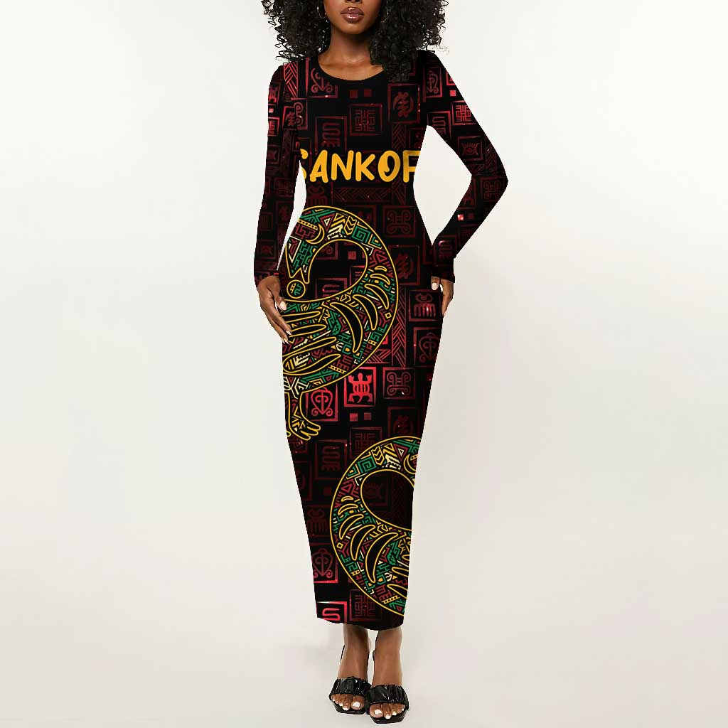 Afro-American Culture Long Sleeve Bodycon Dress Adinkra Sankofa Bird - Cosmic Red LT7