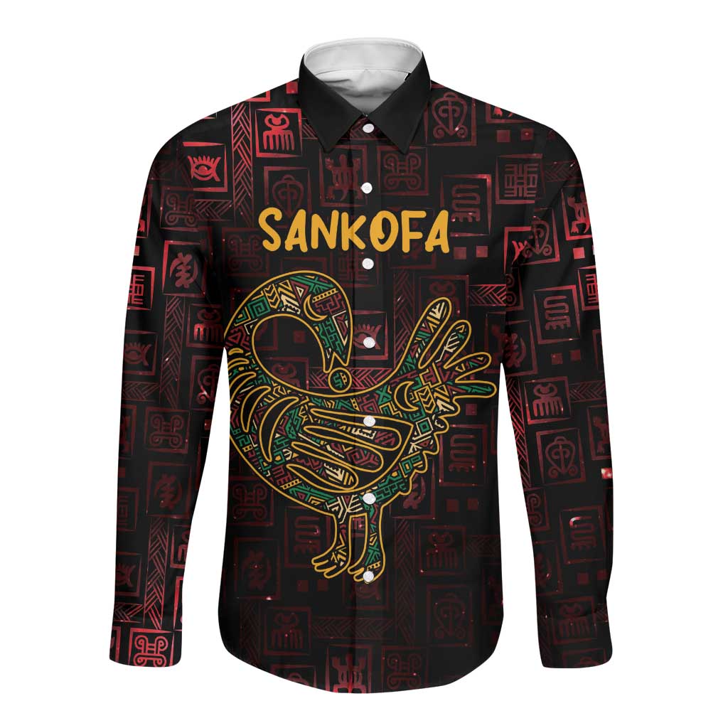 Afro-American Culture Long Sleeve Button Shirt Adinkra Sankofa Bird - Cosmic Red