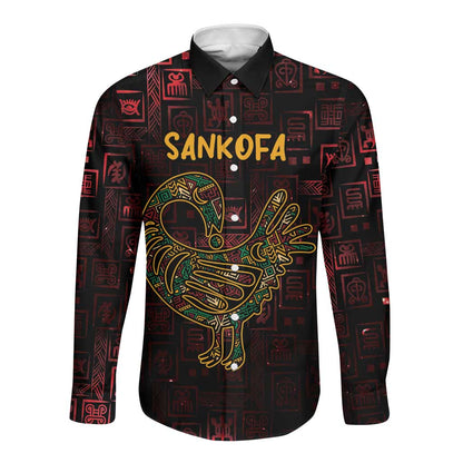 Afro-American Culture Long Sleeve Button Shirt Adinkra Sankofa Bird - Cosmic Red