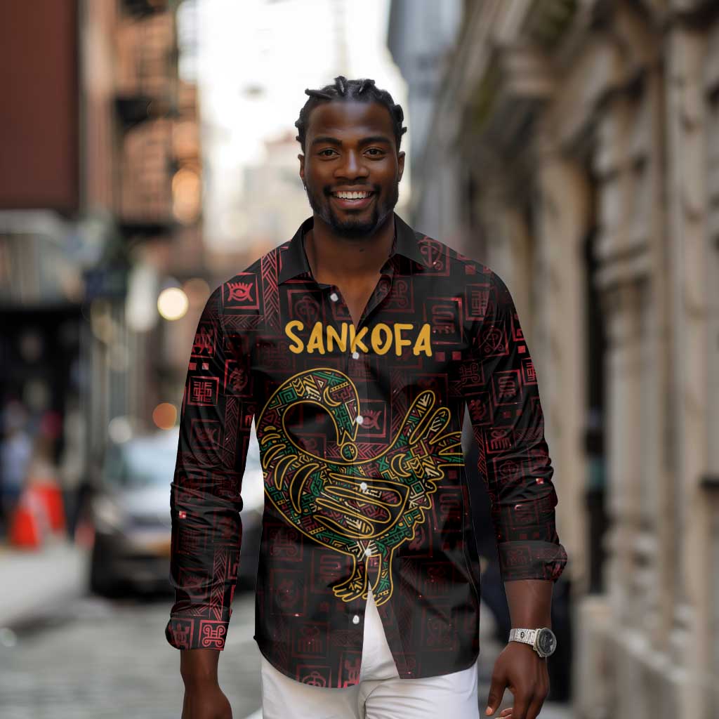 Afro-American Culture Long Sleeve Button Shirt Adinkra Sankofa Bird - Cosmic Red