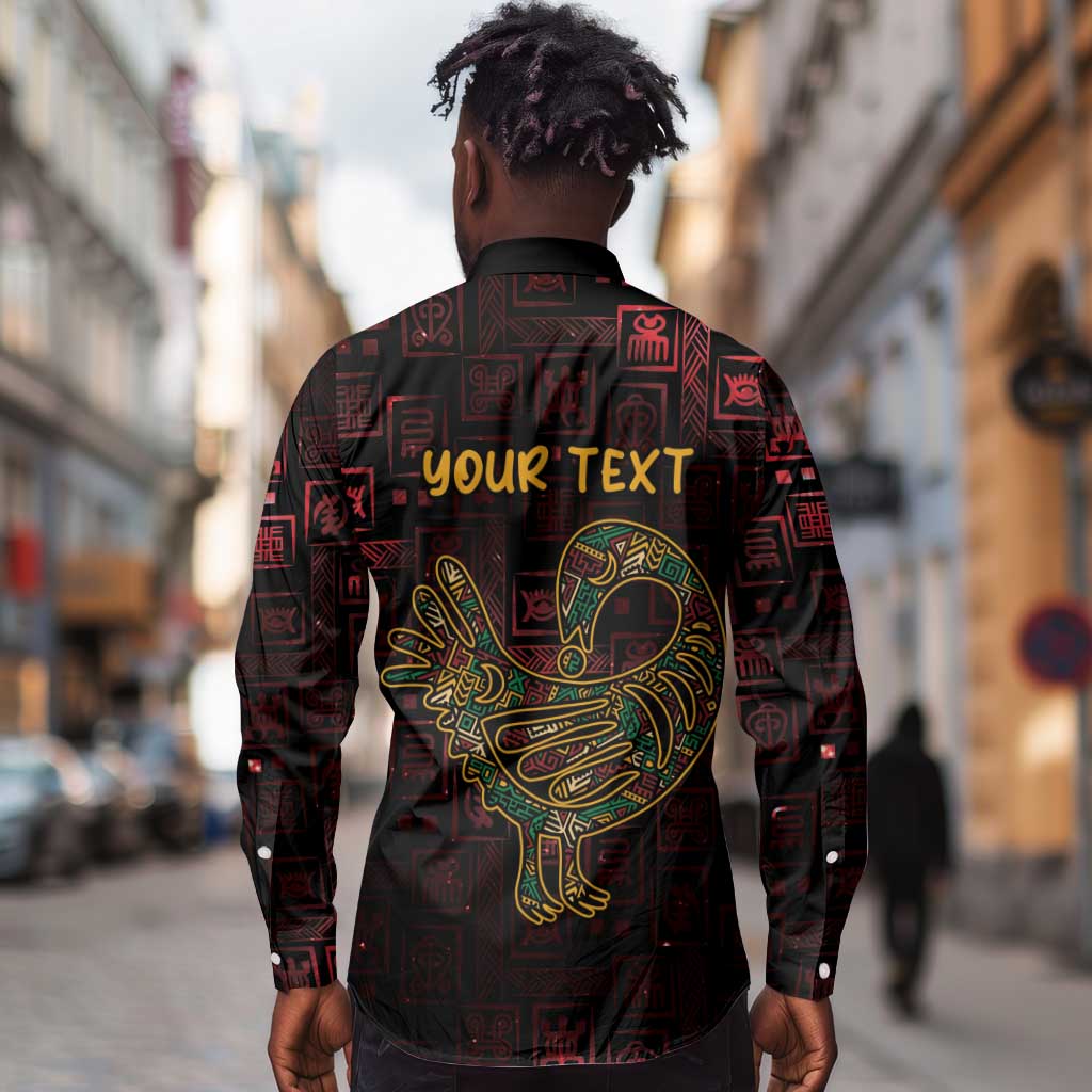 Afro-American Culture Long Sleeve Button Shirt Adinkra Sankofa Bird - Cosmic Red