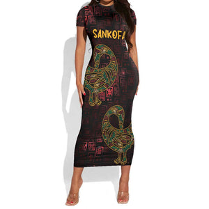 Afro-American Culture Short Sleeve Bodycon Dress Adinkra Sankofa Bird - Cosmic Red LT7