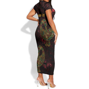 Afro-American Culture Short Sleeve Bodycon Dress Adinkra Sankofa Bird - Cosmic Red LT7