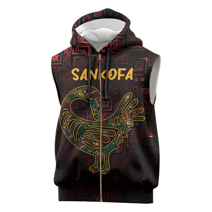 Afro-American Culture Sleeveless Zip Hoodie Adinkra Sankofa Bird - Cosmic Red - African Pride