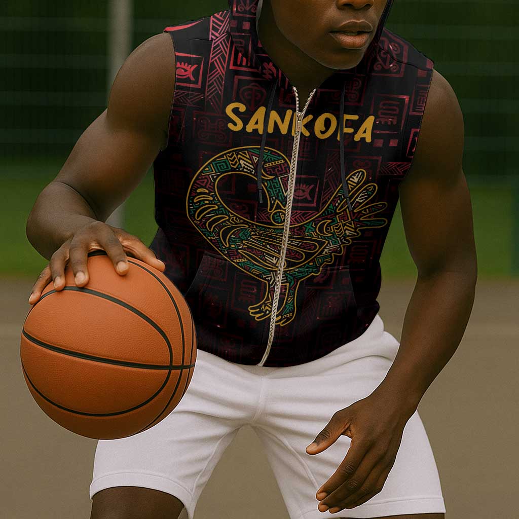 Afro-American Culture Sleeveless Zip Hoodie Adinkra Sankofa Bird - Cosmic Red - African Pride