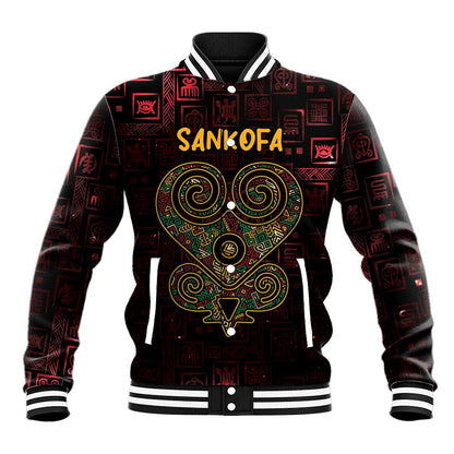 Afro-American Culture Baseball Jacket Adinkra Sankofa Heart - Cosmic Red