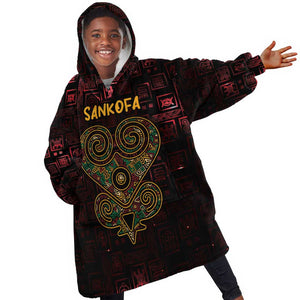 Afro-American Culture Kid Wearable Blanket Hoodie Adinkra Sankofa Heart - Cosmic Red