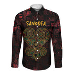 Afro-American Culture Long Sleeve Button Shirt Adinkra Sankofa Heart - Cosmic Red