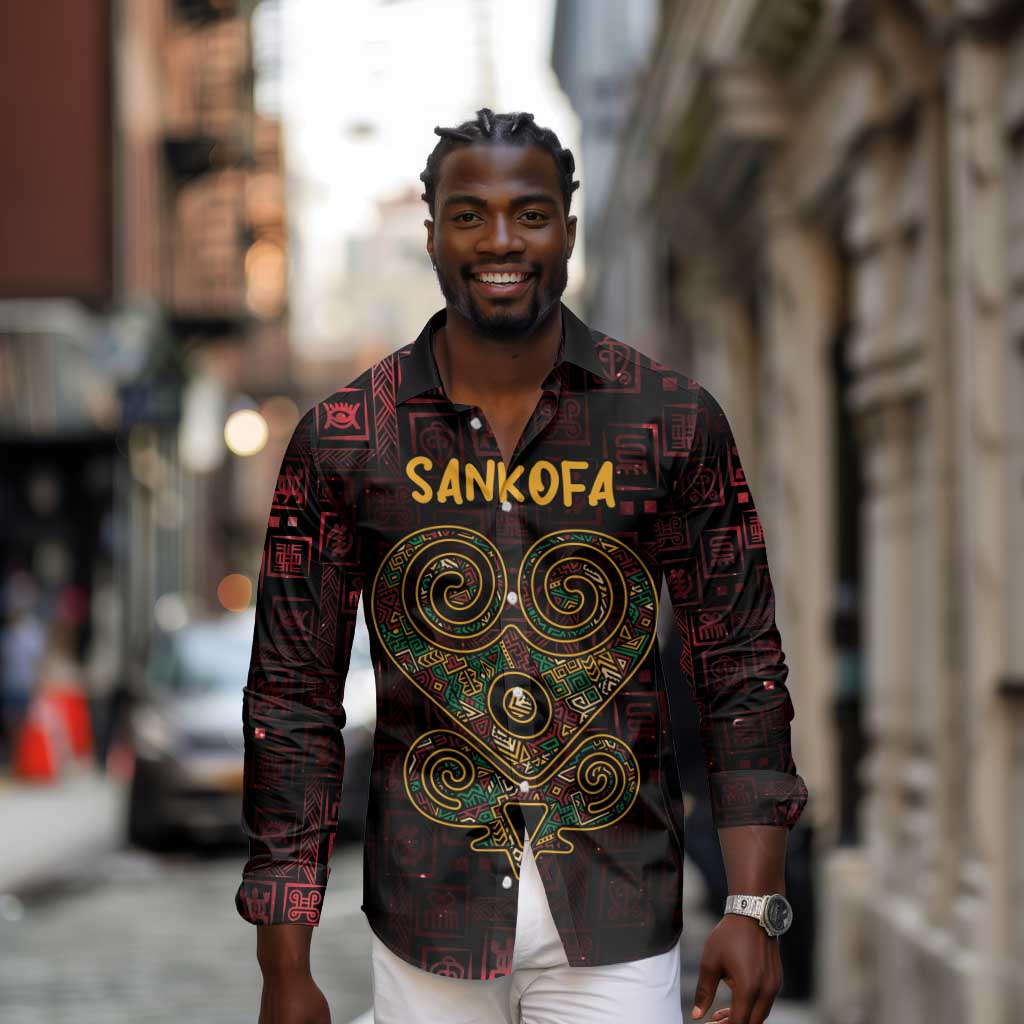Afro-American Culture Long Sleeve Button Shirt Adinkra Sankofa Heart - Cosmic Red