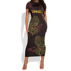 Afro-American Culture Short Sleeve Bodycon Dress Adinkra Sankofa Heart - Cosmic Red LT7