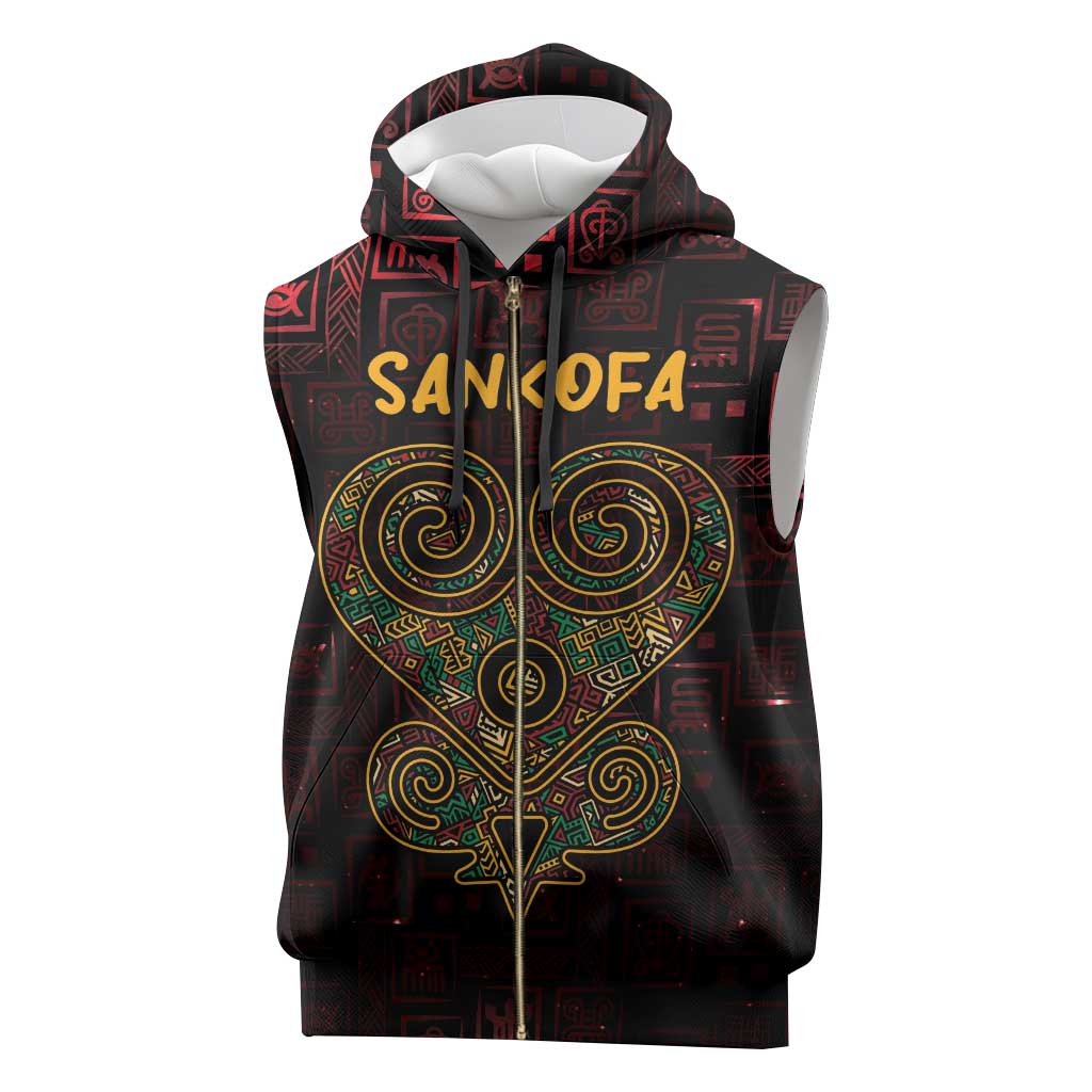 Afro-American Culture Sleeveless Zip Hoodie Adinkra Sankofa Heart - Cosmic Red - African Pride