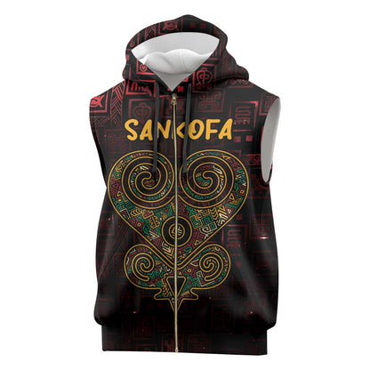 Afro-American Culture Sleeveless Zip Hoodie Adinkra Sankofa Heart - Cosmic Red - African Pride