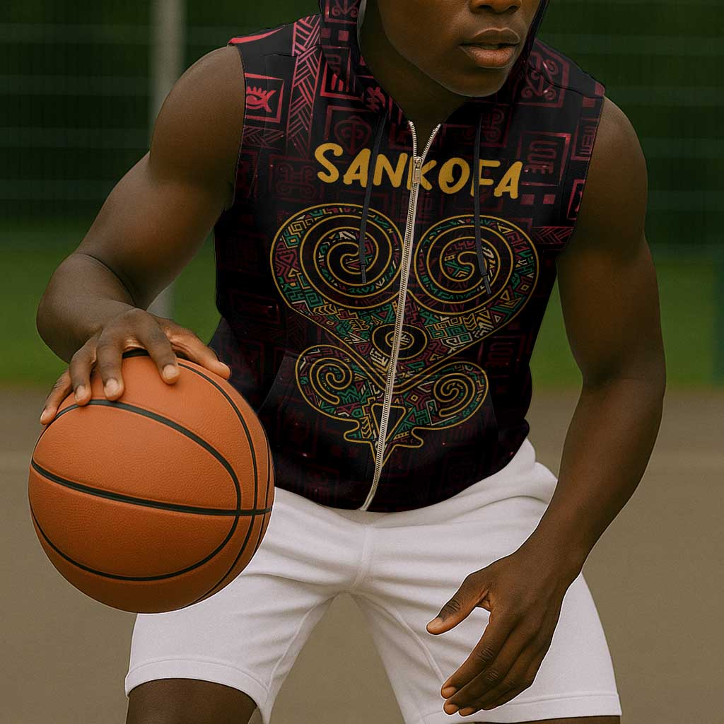 Afro-American Culture Sleeveless Zip Hoodie Adinkra Sankofa Heart - Cosmic Red - African Pride