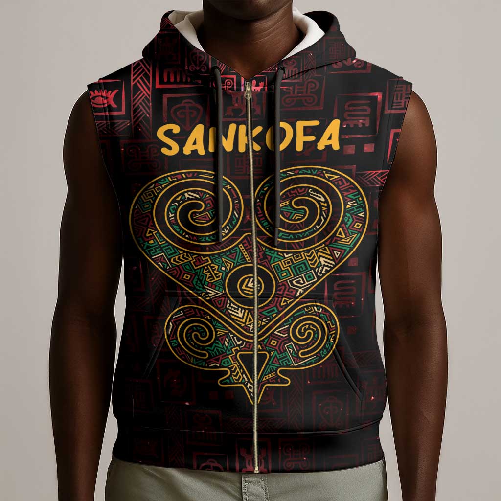 Afro-American Culture Sleeveless Zip Hoodie Adinkra Sankofa Heart - Cosmic Red - African Pride