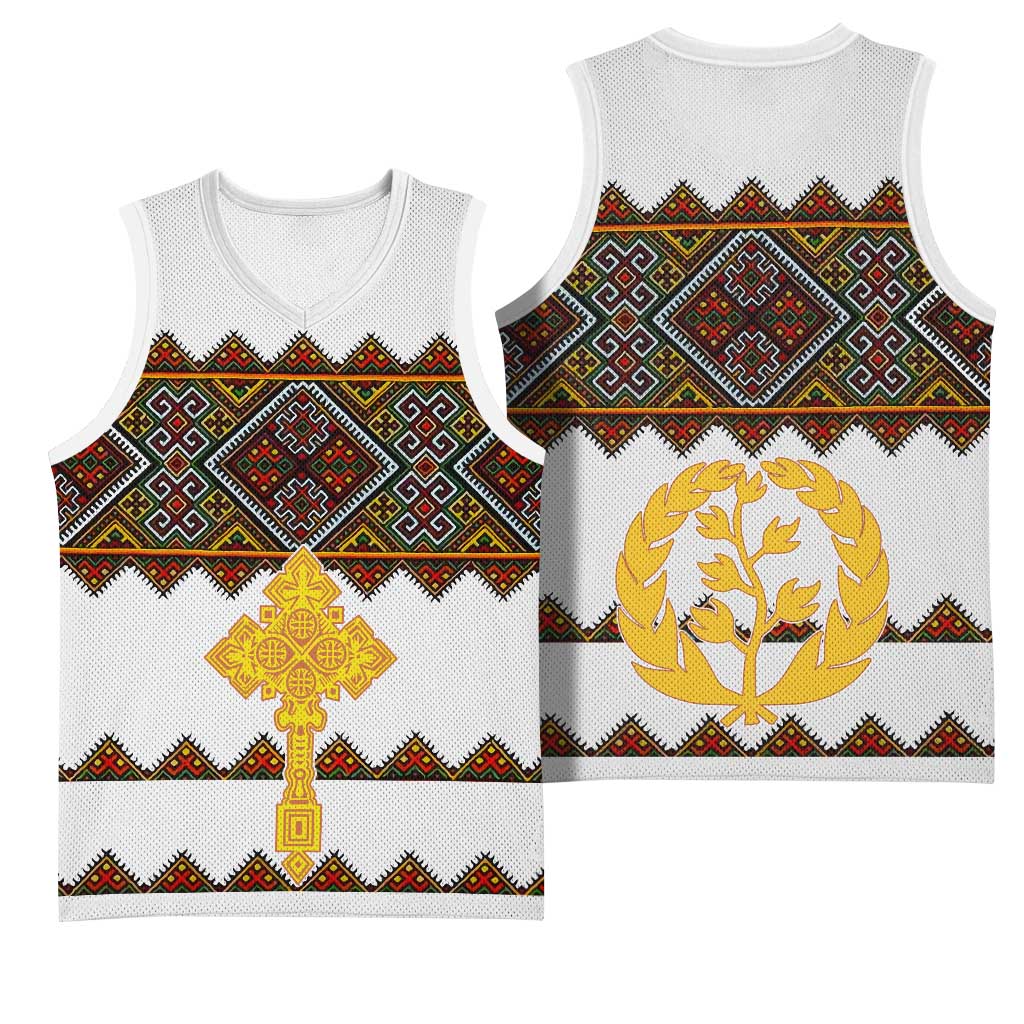 Eritrea Basketball Jersey Tilet Mix Eritrean Cross - White - African Pride