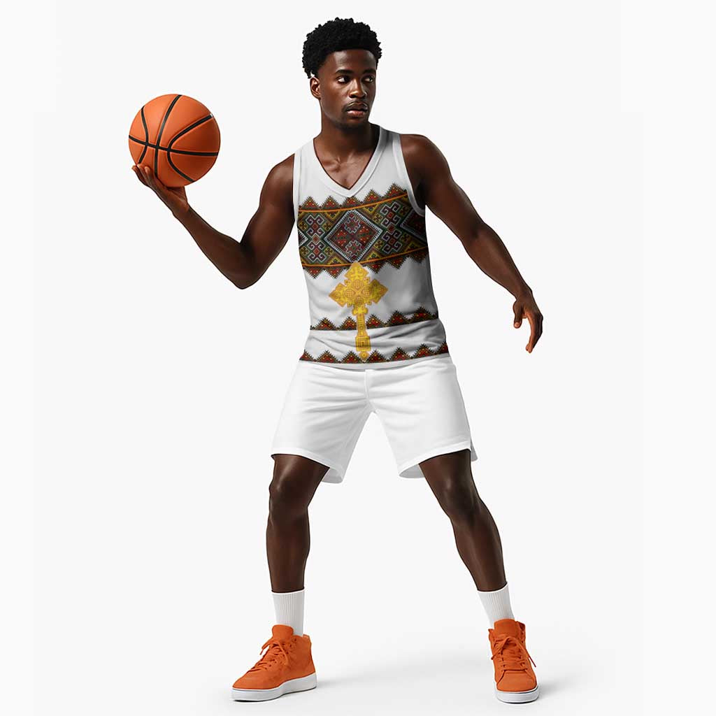 Eritrea Basketball Jersey Tilet Mix Eritrean Cross - White - African Pride