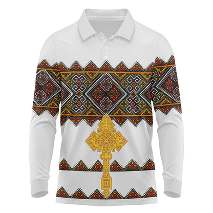 Eritrea Long Sleeve Polo Shirt Tilet Mix Eritrean Cross - White