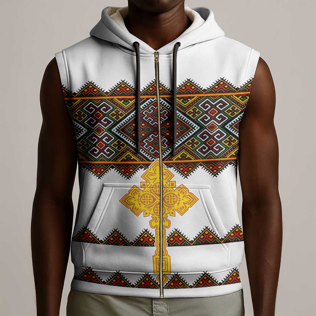 Eritrea Sleeveless Zip Hoodie Tilet Mix Eritrean Cross - White - African Pride