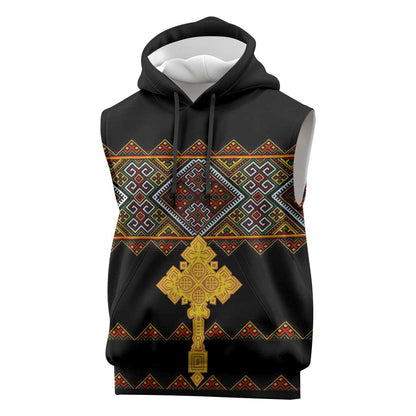 Eritrea Sleeveless Hoodie Tilet Mix Eritrean Cross - Black - African Pride