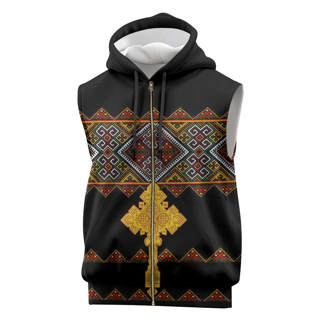 Eritrea Sleeveless Zip Hoodie Tilet Mix Eritrean Cross - Black - African Pride