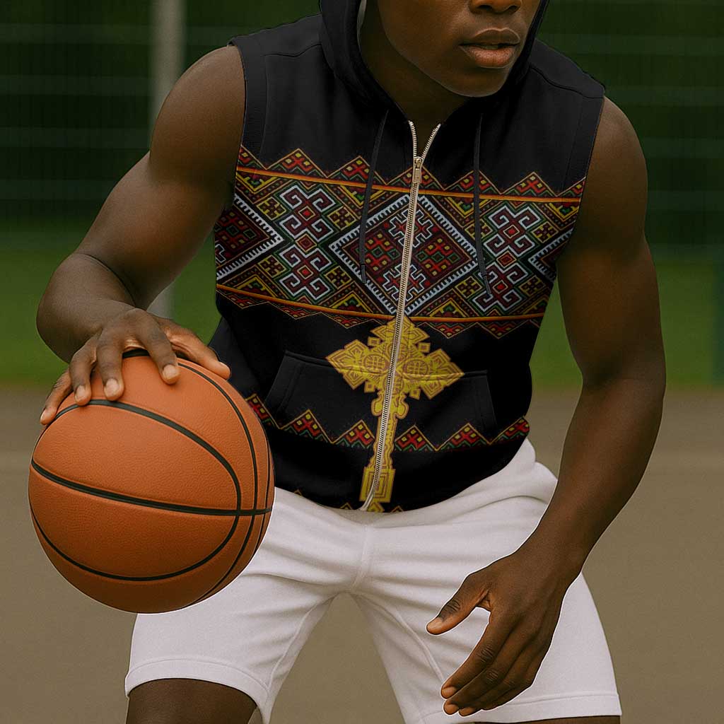 Eritrea Sleeveless Zip Hoodie Tilet Mix Eritrean Cross - Black - African Pride