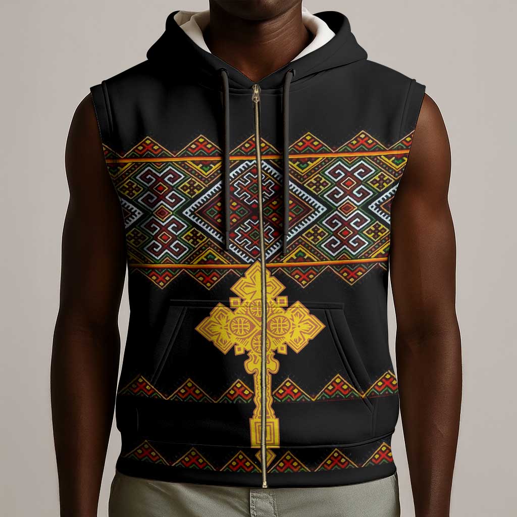 Eritrea Sleeveless Zip Hoodie Tilet Mix Eritrean Cross - Black - African Pride