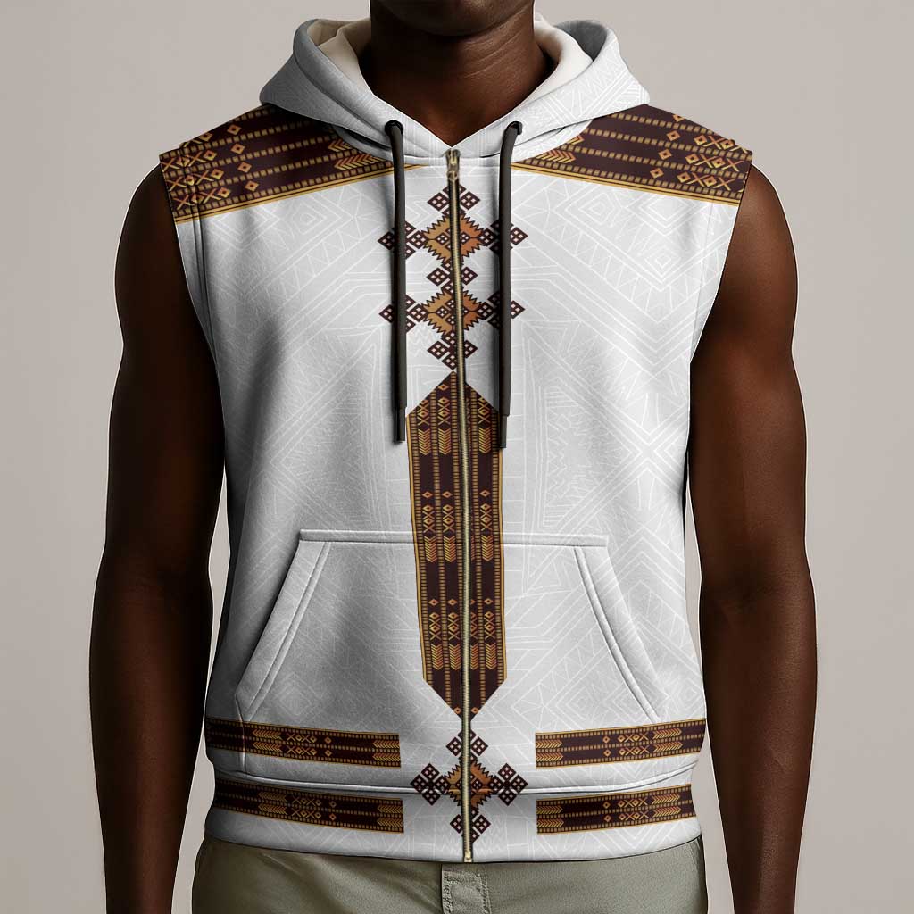 Eritrea Sleeveless Zip Hoodie Tilet Habesha Style - White - African Pride