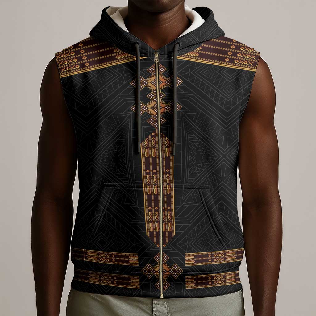 Eritrea Sleeveless Zip Hoodie Tilet Habesha Style - Black - African Pride