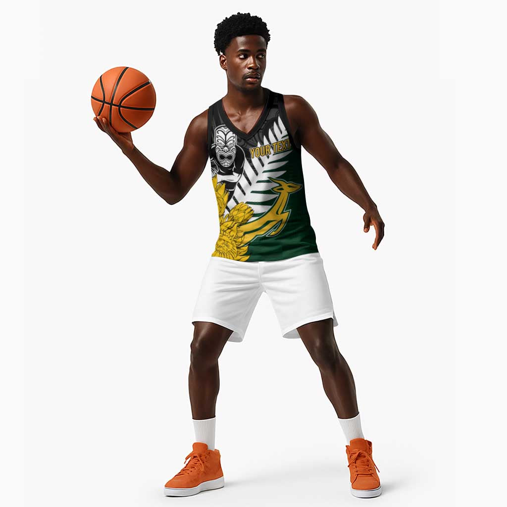 Personalised New Zealand Vs South Africa Rugby Basketball Jersey Rivals - Tribal Style - African Pride