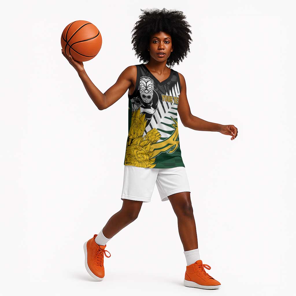 Personalised New Zealand Vs South Africa Rugby Basketball Jersey Rivals - Tribal Style - African Pride