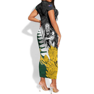 Personalised New Zealand Vs South Africa Rugby Short Sleeve Bodycon Dress Rivals - Tribal Style LT7