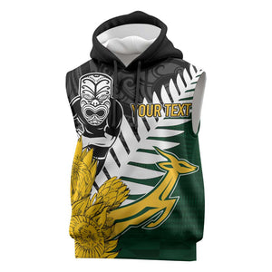 Personalised New Zealand Vs South Africa Rugby Sleeveless Hoodie Rivals - Tribal Style - African Pride