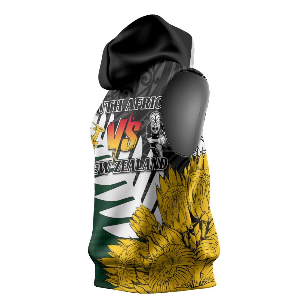 Personalised New Zealand Vs South Africa Rugby Sleeveless Hoodie Rivals - Tribal Style - African Pride