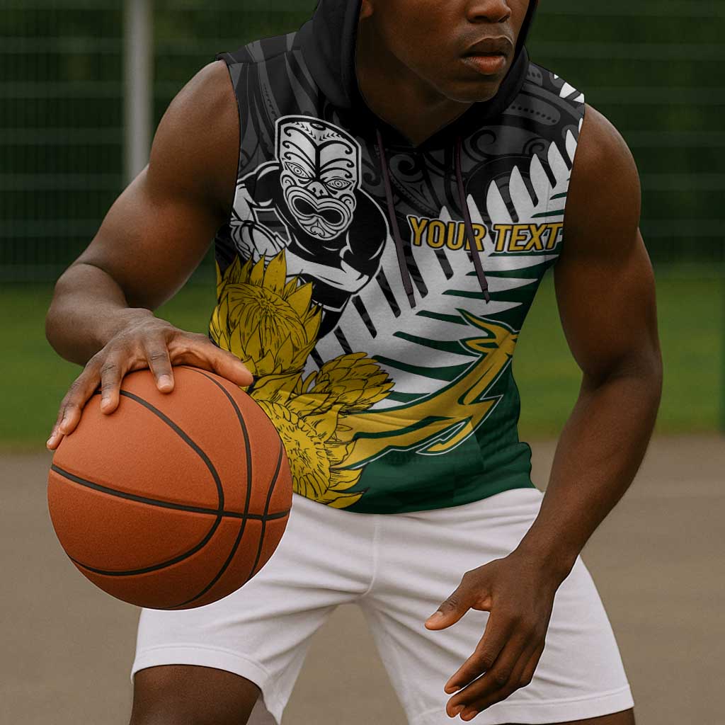 Personalised New Zealand Vs South Africa Rugby Sleeveless Hoodie Rivals - Tribal Style - African Pride
