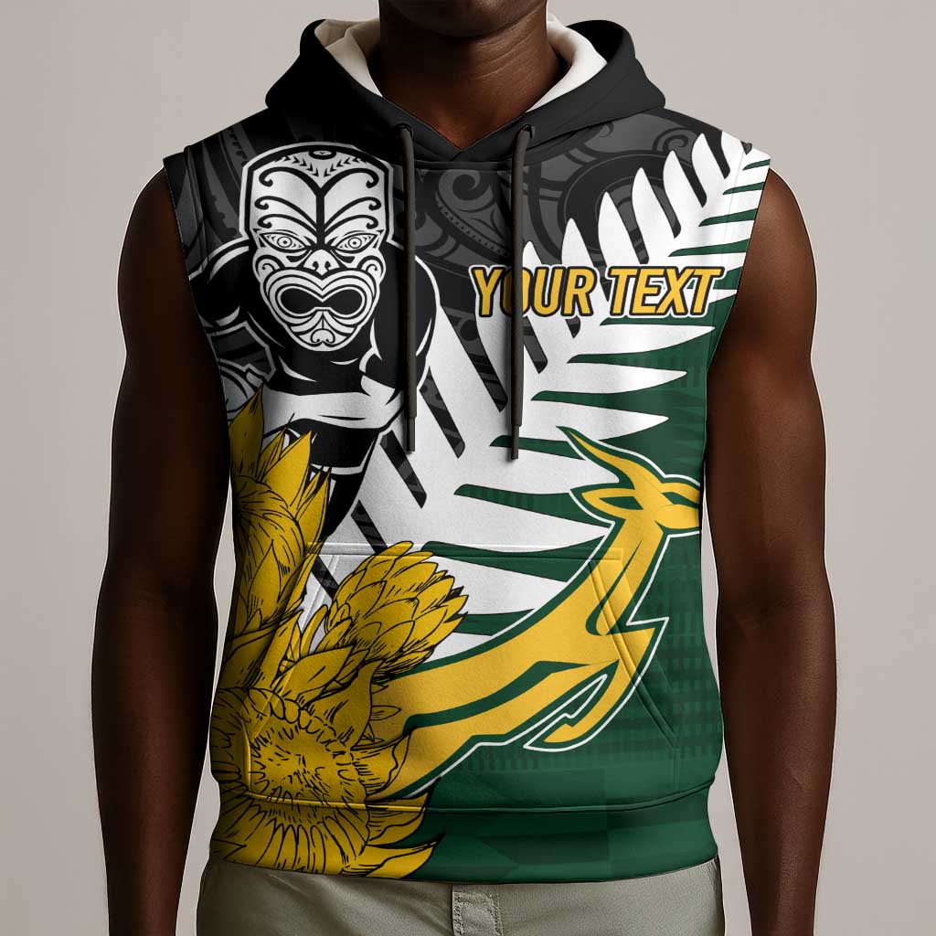 Personalised New Zealand Vs South Africa Rugby Sleeveless Hoodie Rivals - Tribal Style - African Pride