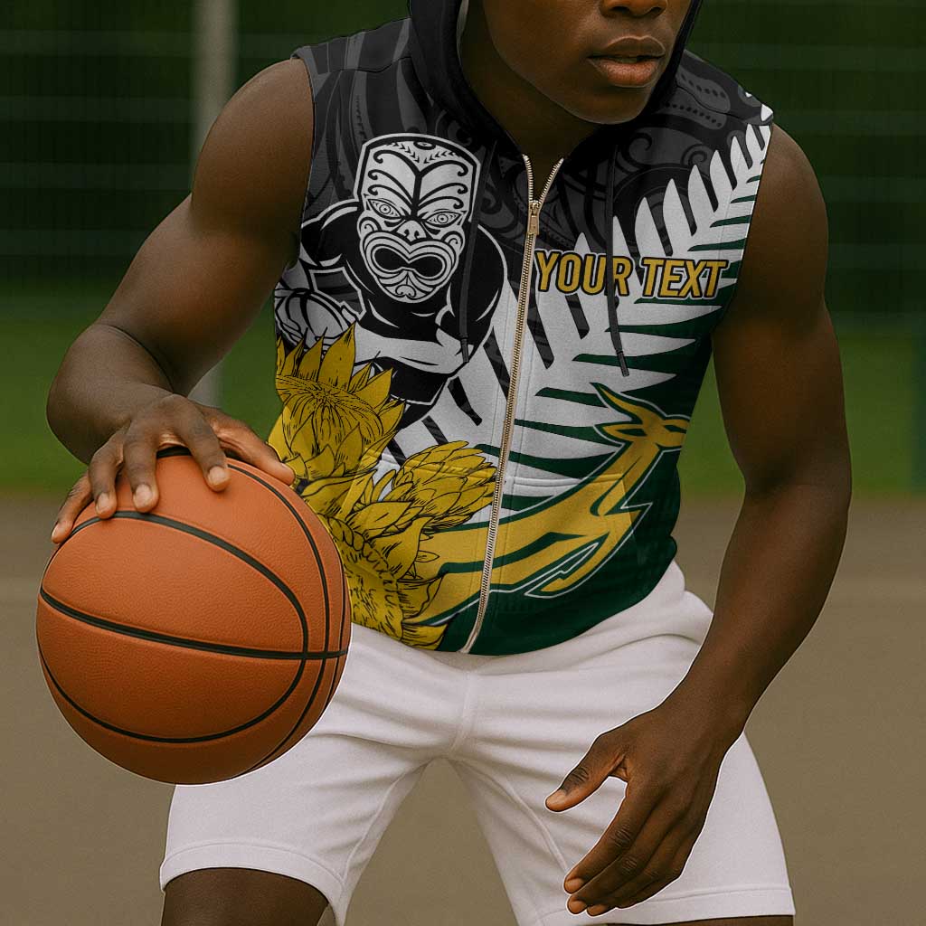 Personalised New Zealand Vs South Africa Rugby Sleeveless Zip Hoodie Rivals - Tribal Style - African Pride