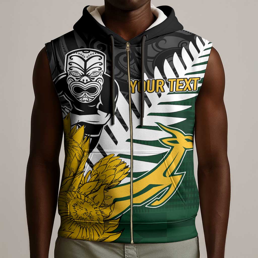 Personalised New Zealand Vs South Africa Rugby Sleeveless Zip Hoodie Rivals - Tribal Style - African Pride
