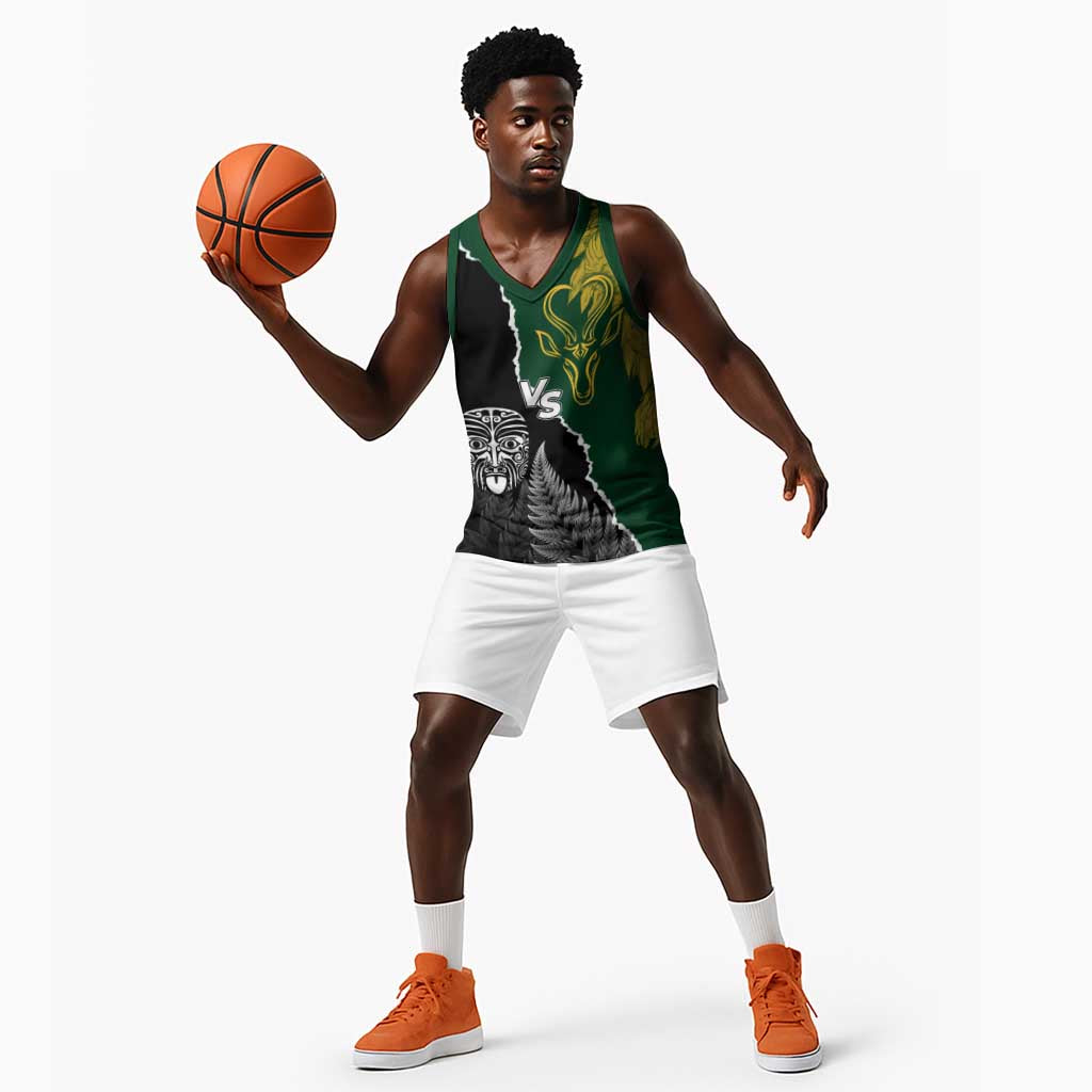 Personalised New Zealand Vs South Africa Rugby Basketball Jersey Rivals Dynamics - African Pride
