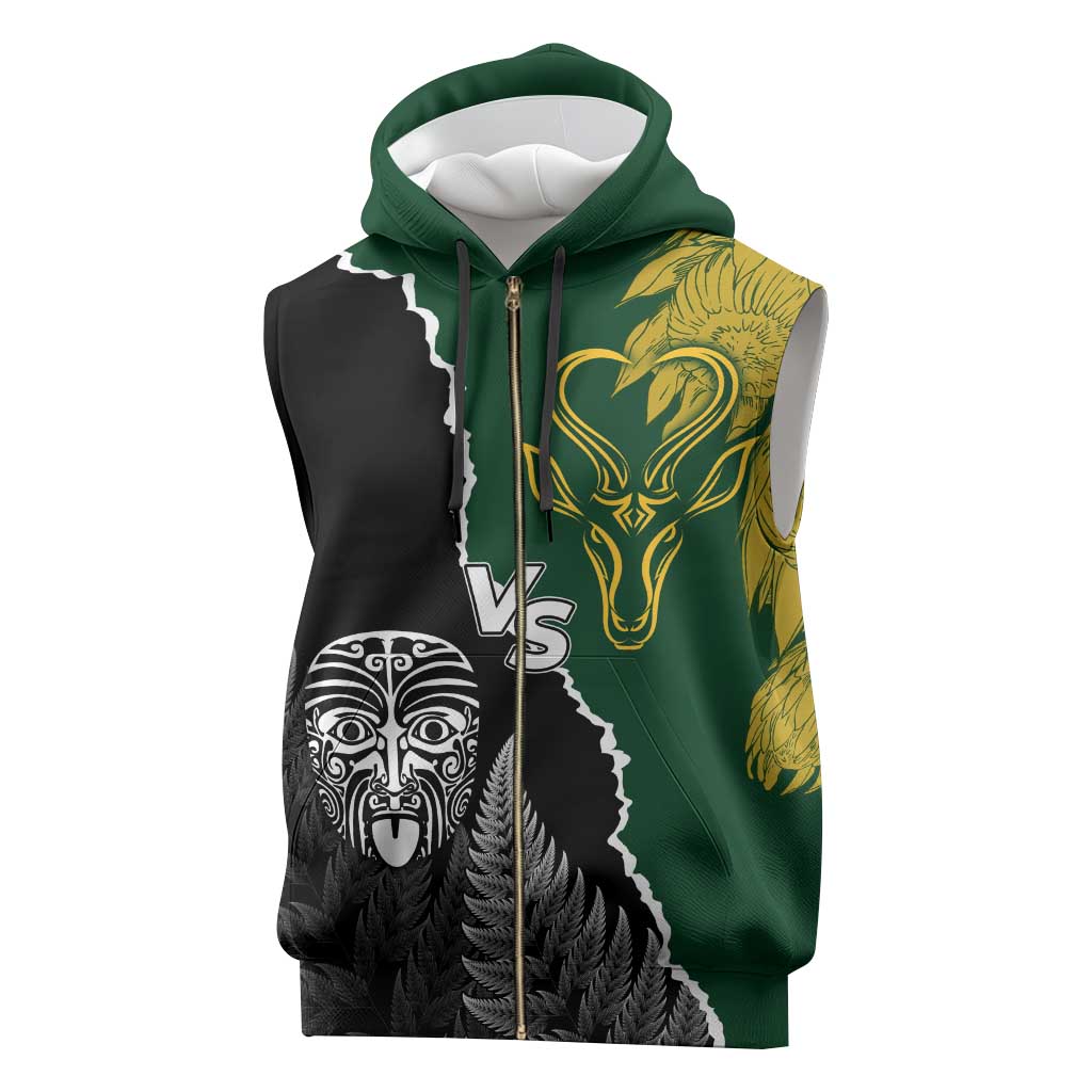 Personalised New Zealand Vs South Africa Rugby Sleeveless Zip Hoodie Rivals Dynamics - African Pride