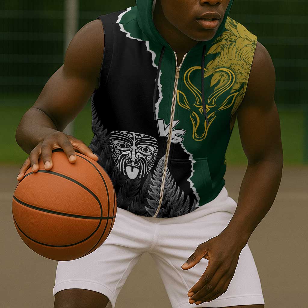 Personalised New Zealand Vs South Africa Rugby Sleeveless Zip Hoodie Rivals Dynamics - African Pride