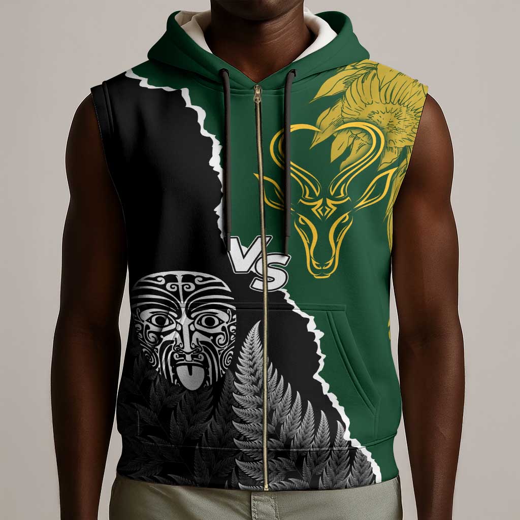 Personalised New Zealand Vs South Africa Rugby Sleeveless Zip Hoodie Rivals Dynamics - African Pride