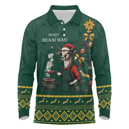 Personalised South Africa Long Sleeve Polo Shirt Springbok Christmas Braai